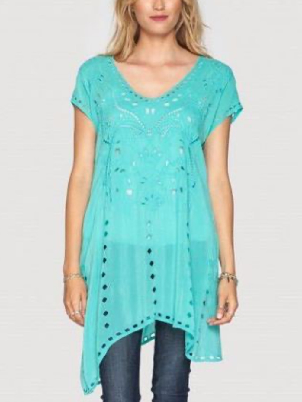 Johnny Was Teal Laser Cut Out Boho Eyelet Silk Tunic Dress
